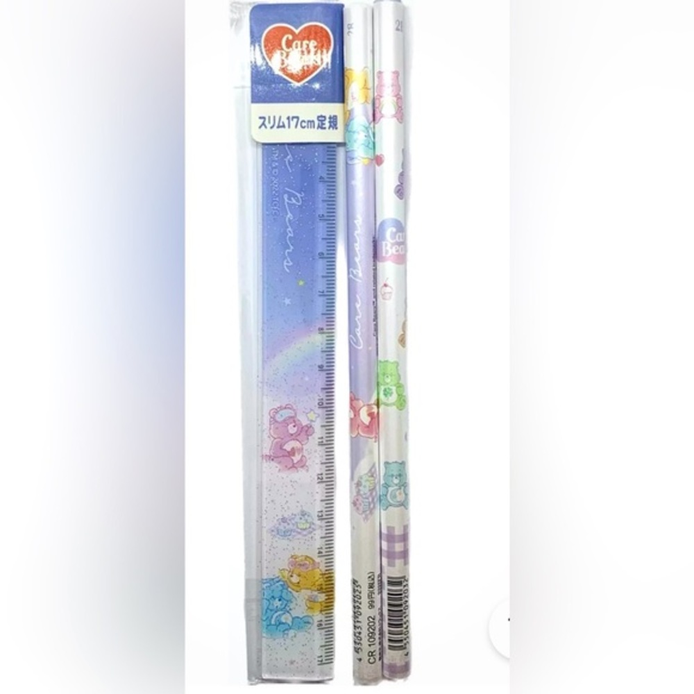 Care Bears Glitter Slim Ruler and 2 Pearlescent Pencils SET Kawaii